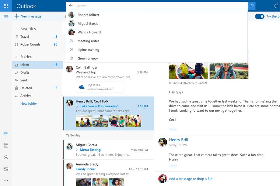 Microsoft Outlook.com 2017 New search