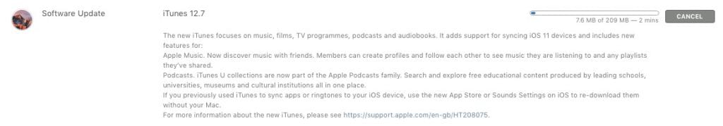 Apple iTunes 12.7 changelog
