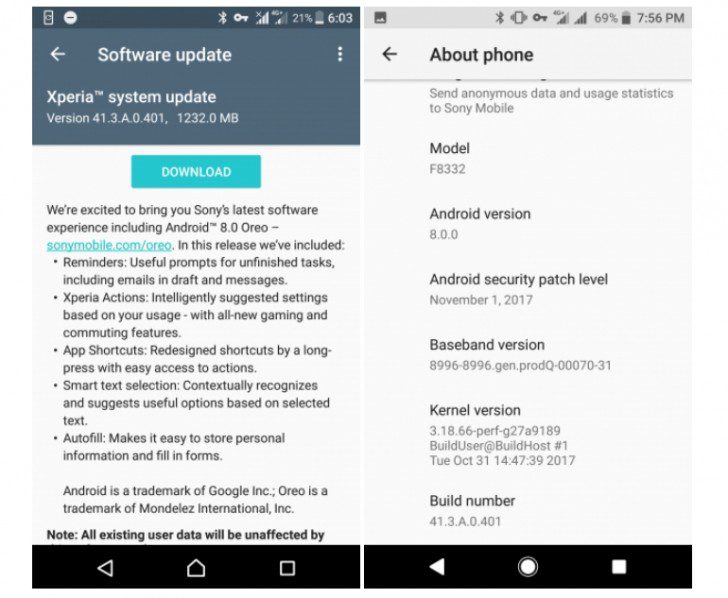Sony Xperia XZ Android 8.0 Oreo update 41.3.A.0.401