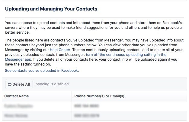 Facebook Uploaded Contacts screenshot